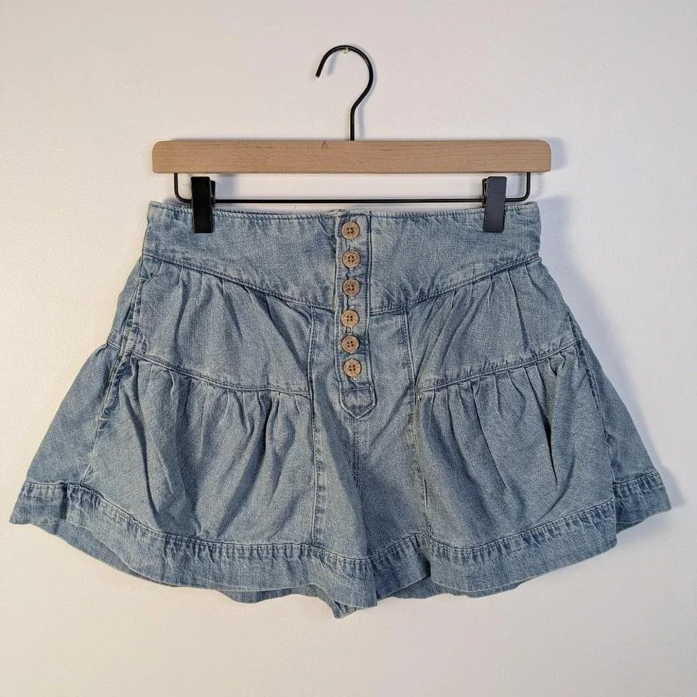 Free People Fleur Denim Mini Short/Skirt With Button Front and Pockets - Picture 1 of 6